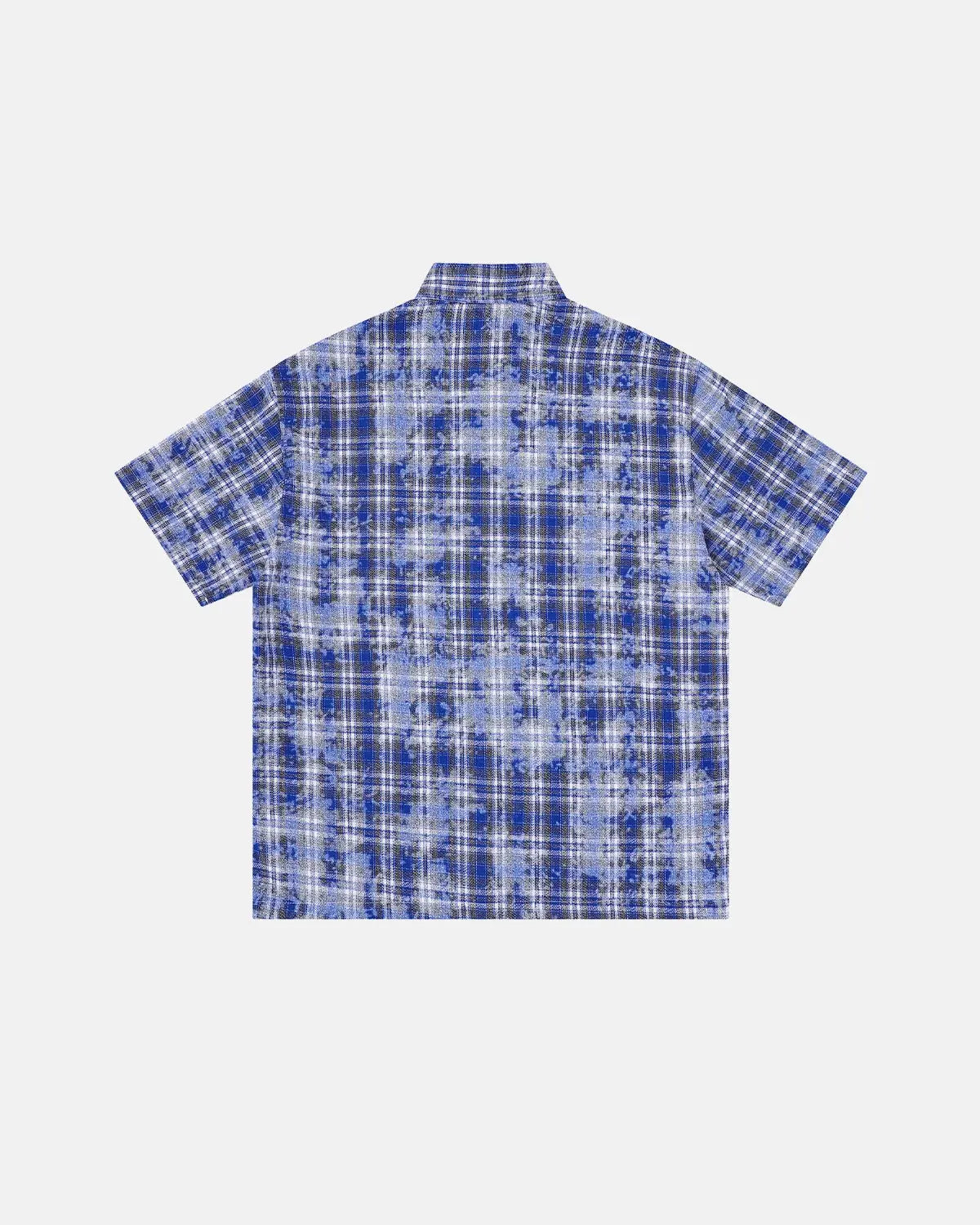Blue Flation streetwear plaid shirt with embroidered devil design, long sleeves, and button front for a casual, edgy look.