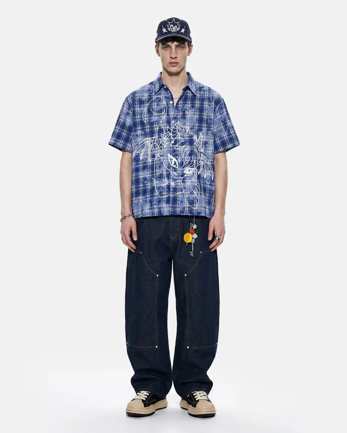 Blue Flation streetwear plaid shirt with embroidered devil design, casual button-up shirt for a stylish urban look.