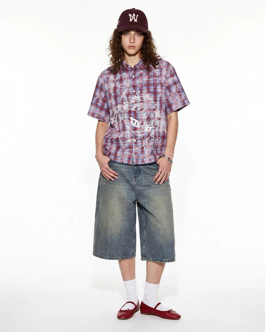 Blue Flation streetwear plaid shirt with embroidered devil design, long sleeves, and button-front closure.