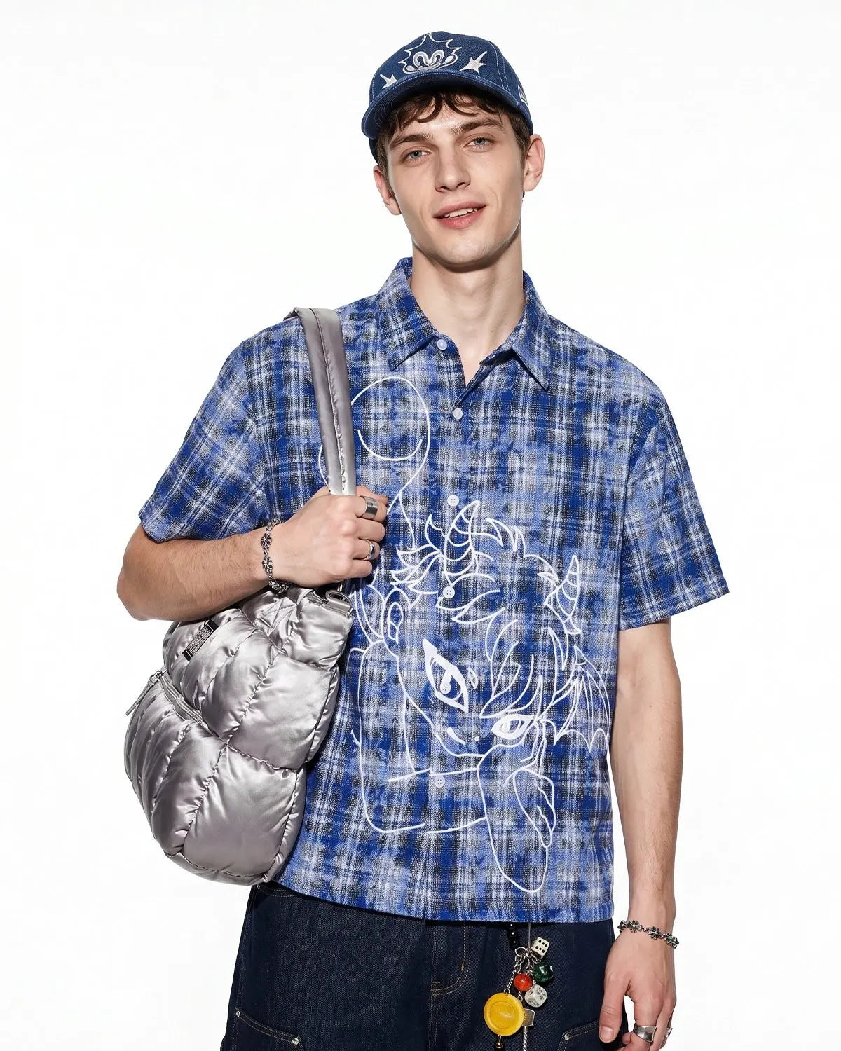 Blue Flation Streetwear plaid shirt featuring embroidered devil design, long sleeves, and classic button-up style.
