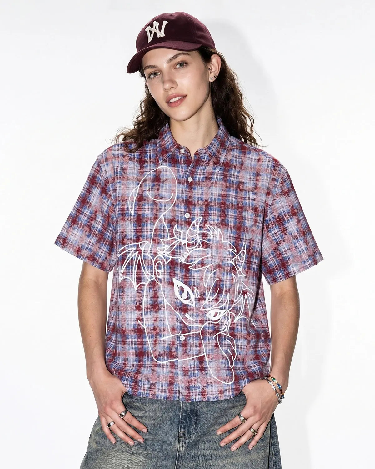 Blue Flation streetwear plaid shirt with embroidered devil design, long sleeves, and button-up front.