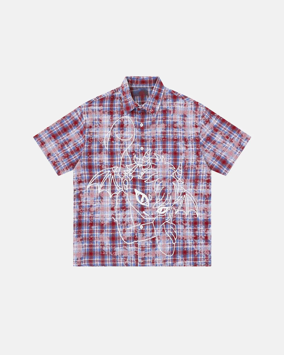 Blue Flation Streetwear plaid shirt with embroidered devil design, featuring long sleeves and button-front detail.