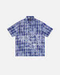Blue plaid Flation Streetwear shirt with devil embroidery, featuring a classic button-up design and casual streetwear style.