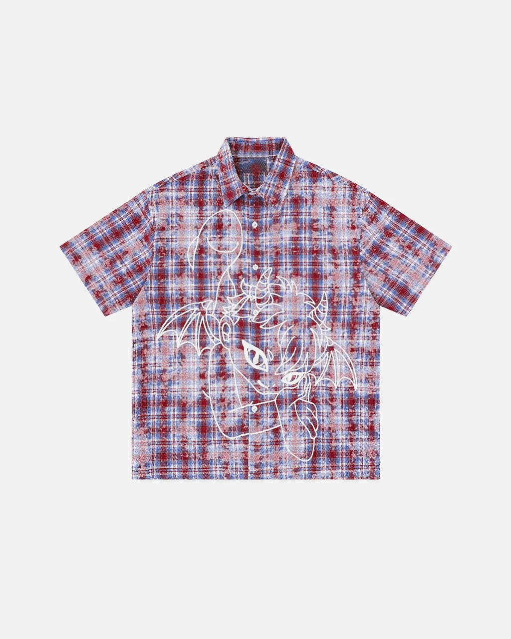 Blue Flation Streetwear plaid shirt with embroidered devil design, casual long-sleeve button-up for street fashion style.