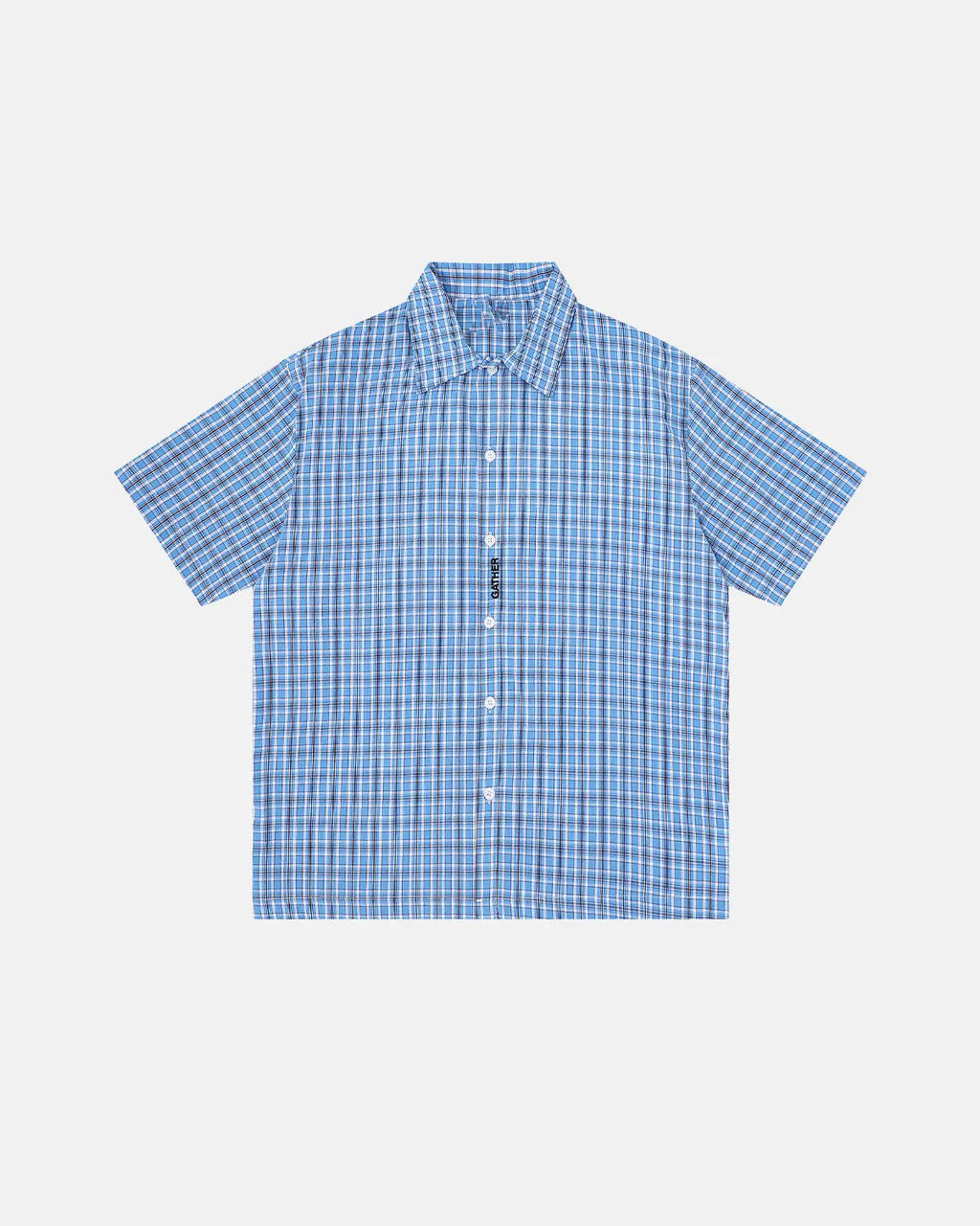 Flation plaid script embroidered short-sleeve shirt with vibrant pattern and detailed embroidery, casual streetwear style.