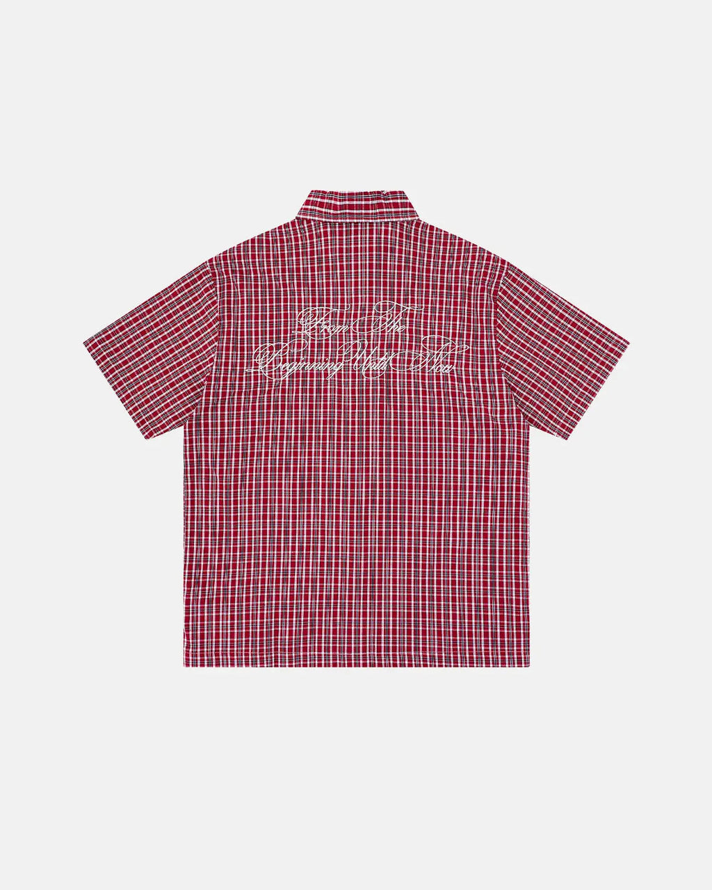 Flation plaid script embroidered short-sleeve shirt with a casual fit, featuring a red, black, and white checkered pattern and embroidered details.