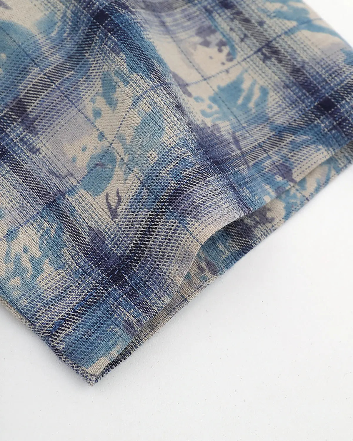 Blue tie-dye plaid sequin short-sleeve shirt by Flation streetwear, featuring vibrant pattern and shimmering sequin details.