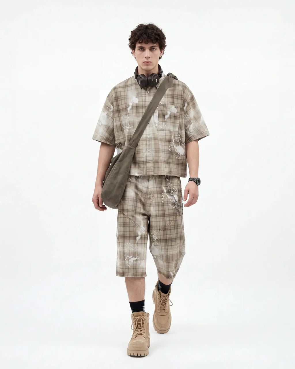 Blue boxy Tencel washed plaid print shirt by Flation, featuring a relaxed fit and casual streetwear style.