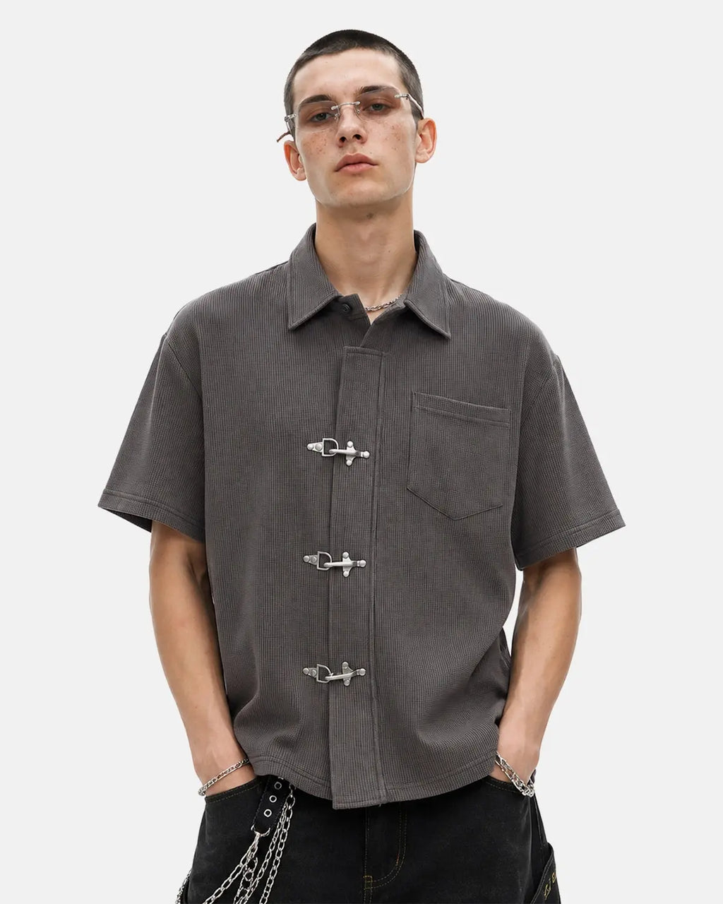 Dark gray Flation streetwear waffle shirt with metal clasp detail, casual long-sleeve shirt for everyday wear.