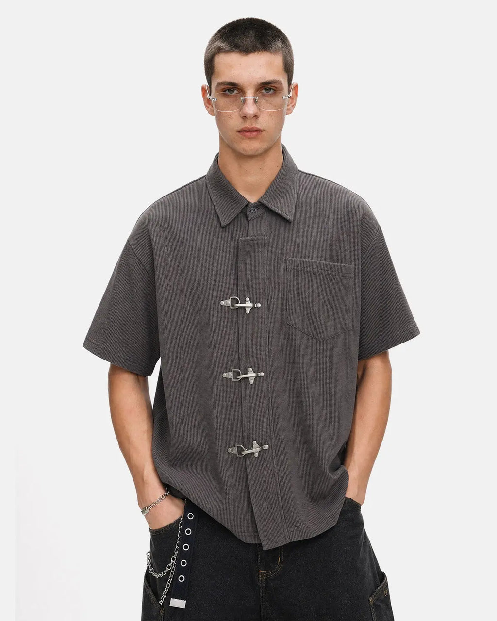 Dark gray Flation Streetwear waffle shirt featuring a metal clasp detail, casual long-sleeve shirt for modern street style.