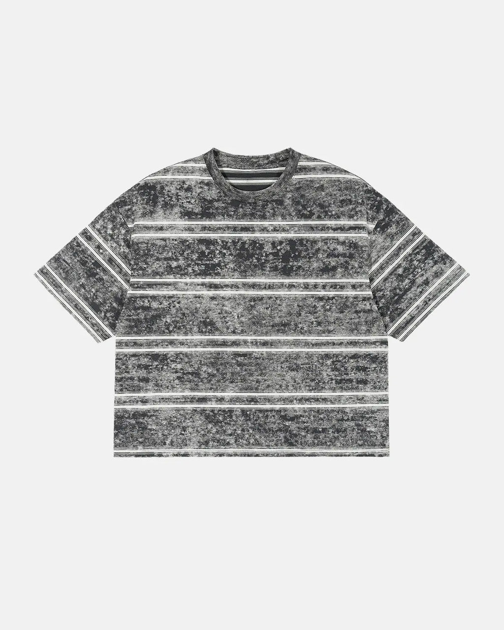Grey vintage washed striped boxy Flation streetwear t-shirt, casual short-sleeve shirt with relaxed fit and bold pattern.