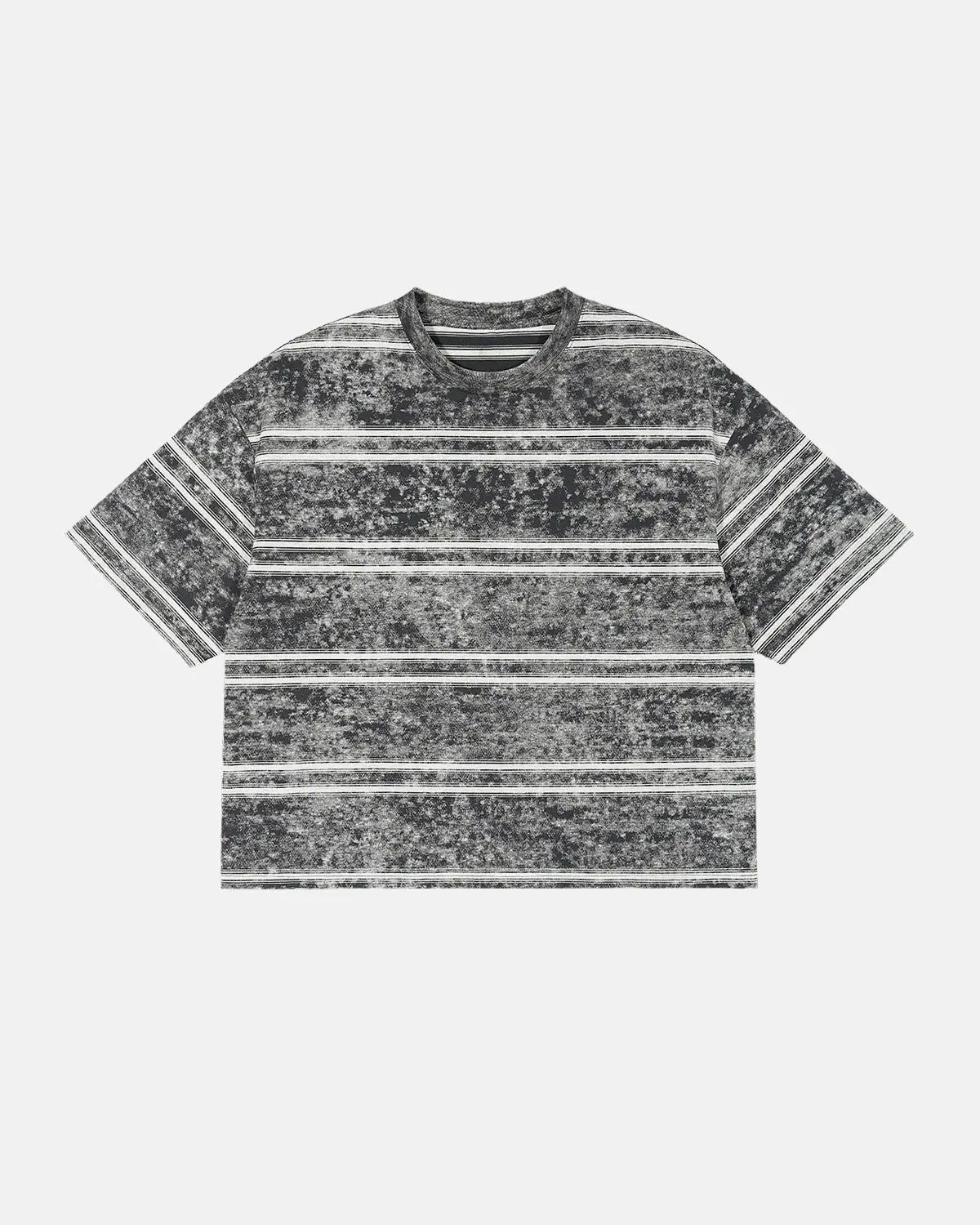 Grey vintage washed striped boxy Flation streetwear t-shirt, casual short-sleeve shirt with relaxed fit and bold pattern.