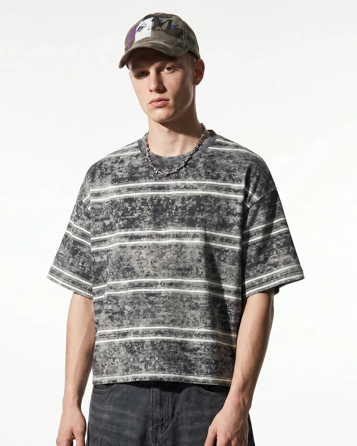 Grey vintage washed striped boxy T-shirt by Flation Streetwear, featuring a relaxed fit and casual streetwear style.