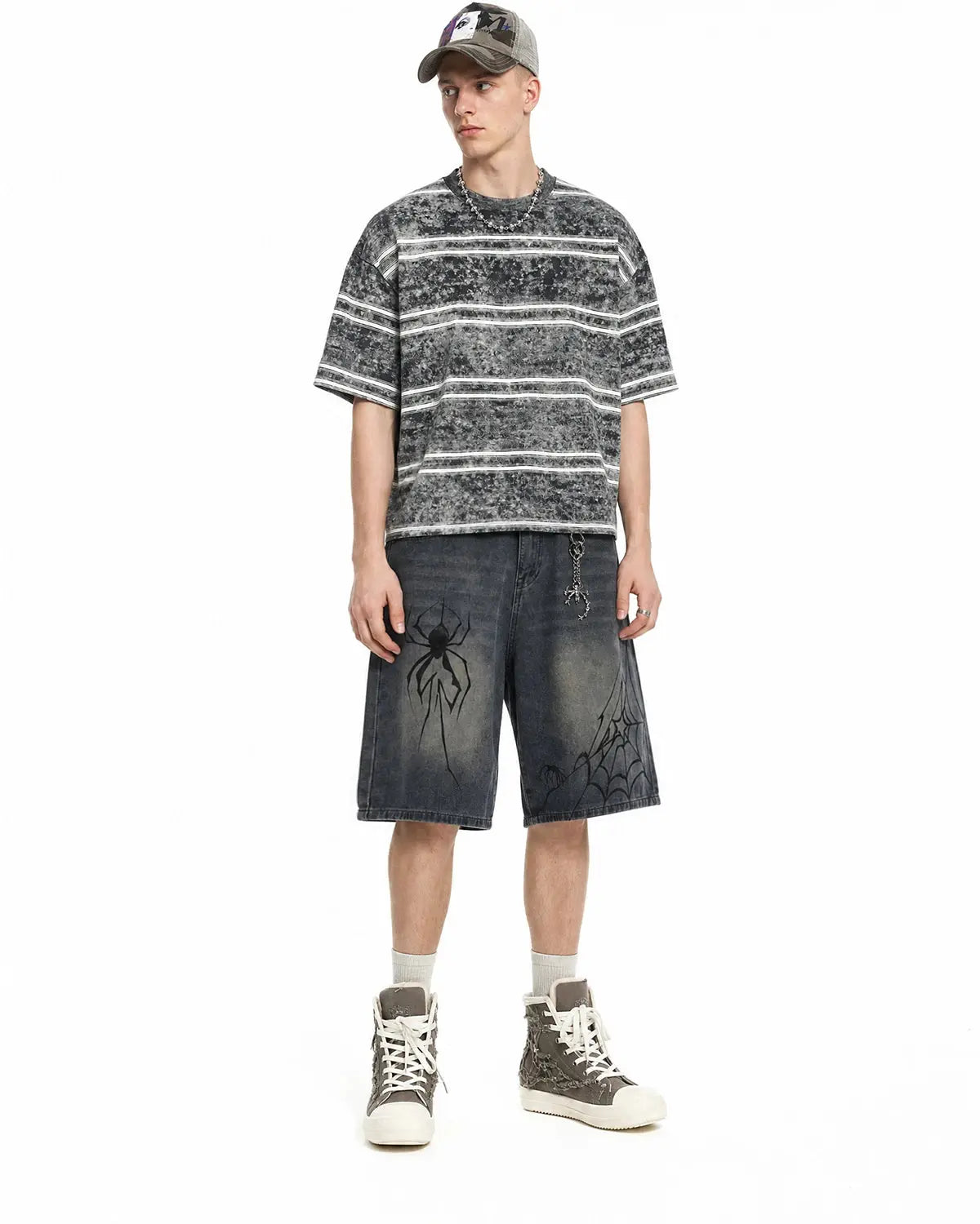 Gray vintage washed striped boxy T-shirt by Flation Streetwear, featuring a relaxed fit and casual style.