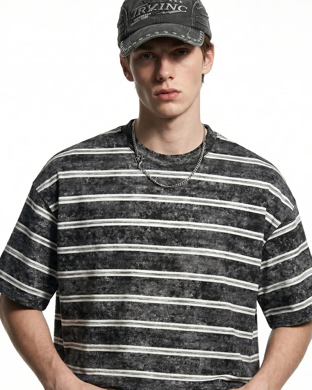 Gray vintage washed striped boxy T-shirt by Flation Streetwear, casual shirt with relaxed fit and bold stripe pattern.