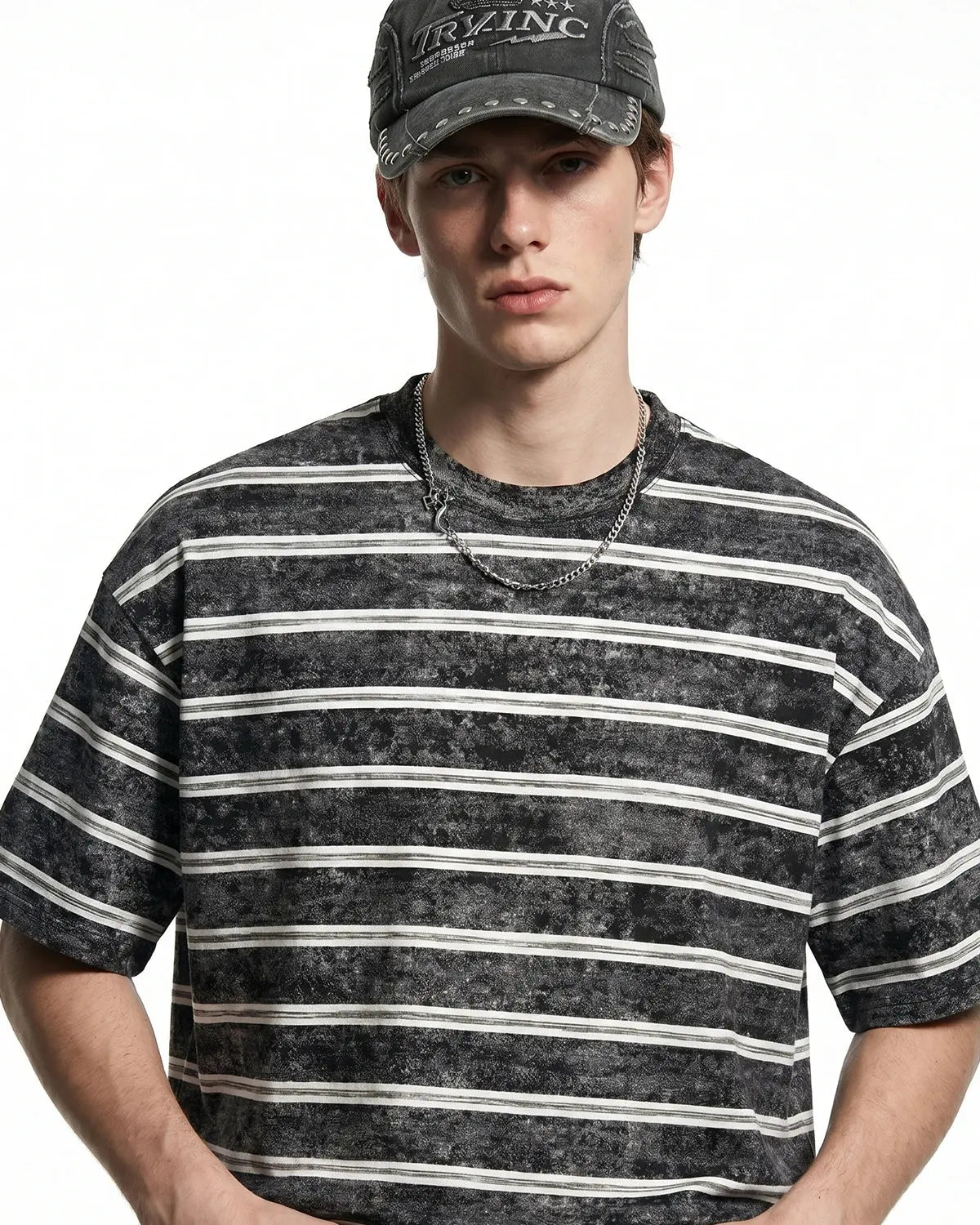 Gray vintage washed striped boxy T-shirt by Flation Streetwear, casual shirt with relaxed fit and bold stripe pattern.