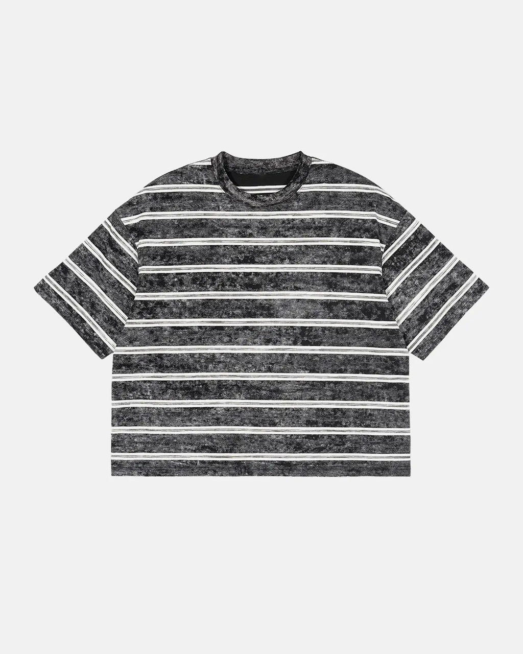 Gray vintage washed striped boxy T-shirt by Flation Streetwear, featuring a relaxed fit and casual style.