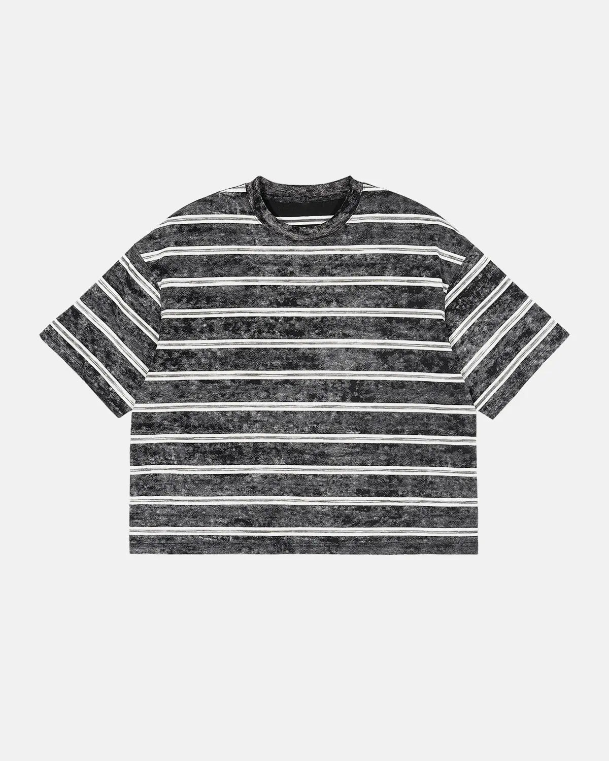 Gray vintage washed striped boxy T-shirt by Flation Streetwear, featuring a relaxed fit and casual style.