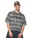Grey vintage washed striped boxy T-shirt by Flation Streetwear, featuring a relaxed fit and casual style.