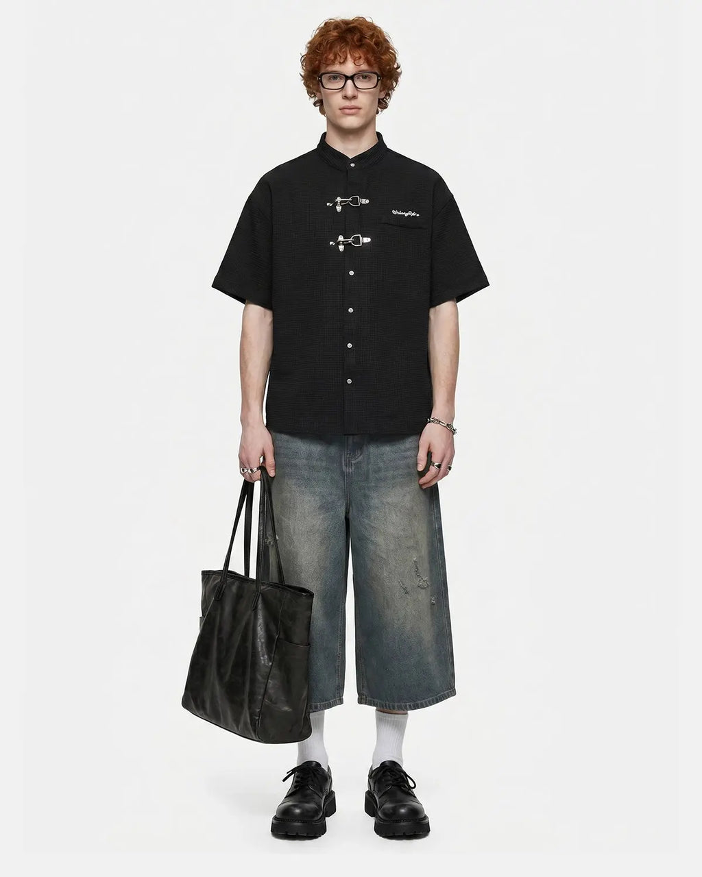 Red Flation Streetwear waffle shirt featuring metal clasp detail, casual long-sleeve shirt with textured fabric and modern style.