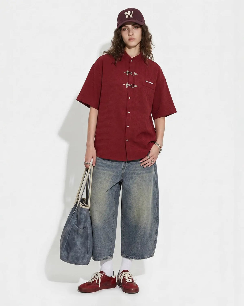Red Flation Streetwear waffle shirt with metal clasp detail, showcasing a casual yet stylish design and comfortable fit.