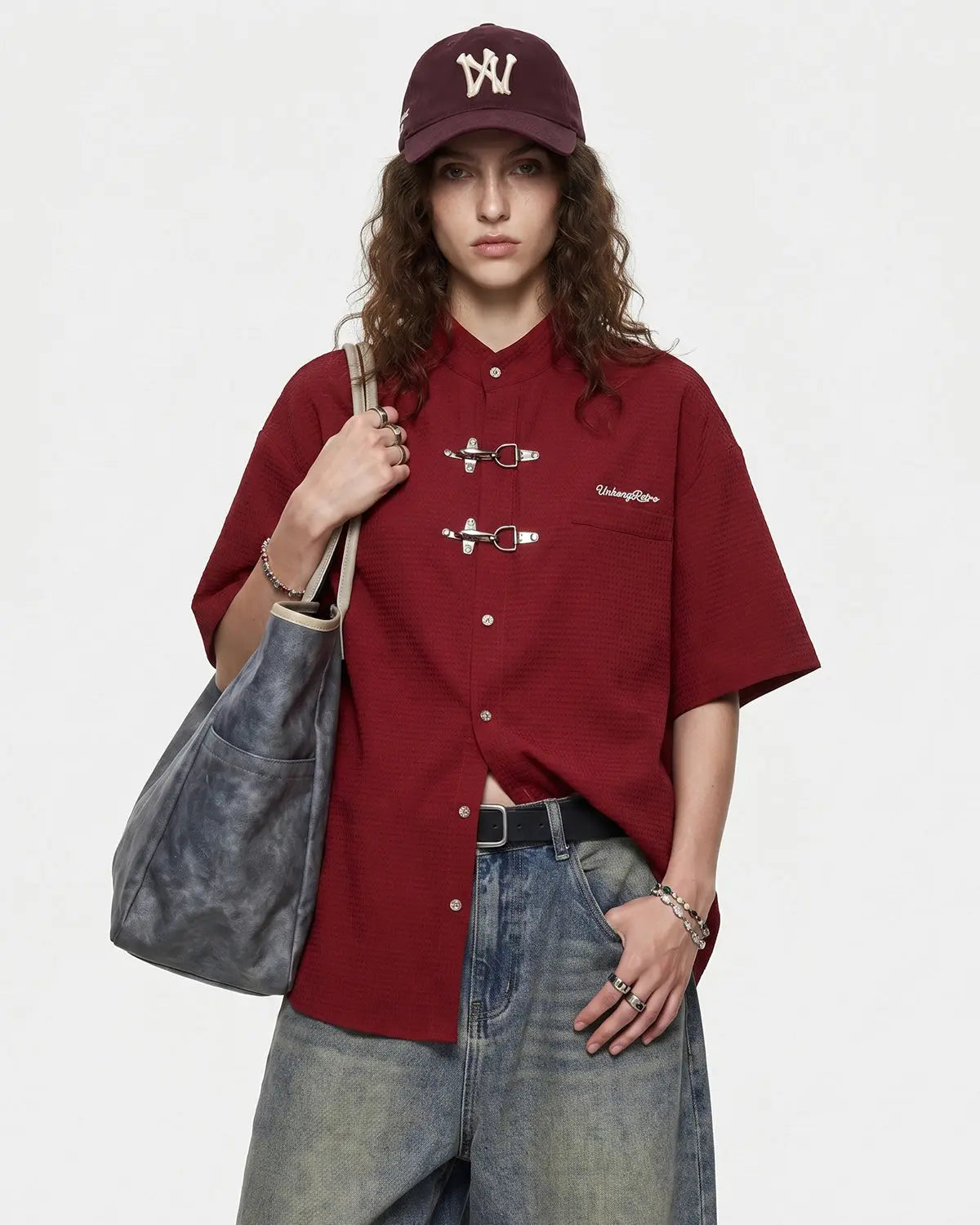 Red Flation streetwear waffle shirt with metal clasp detail, casual long-sleeve shirt for stylish everyday wear.