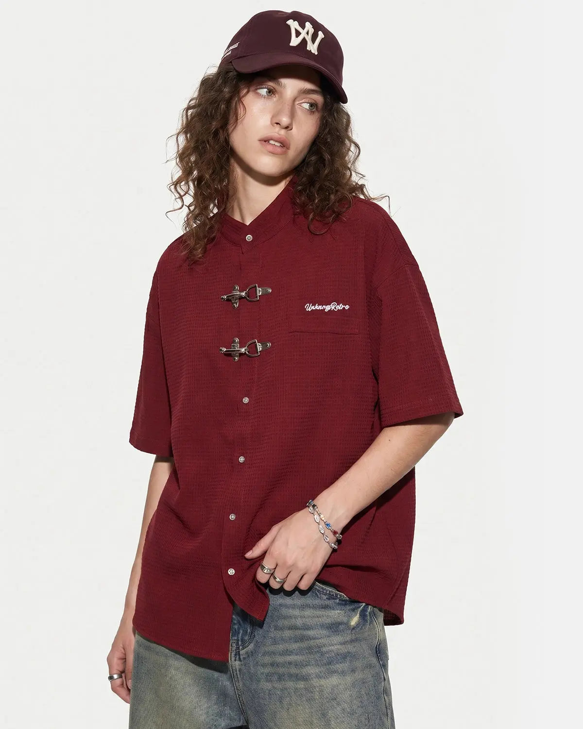 Red Flation Waffle Shirt with metal clasp detail, casual streetwear style, featuring a button-up front and textured fabric.