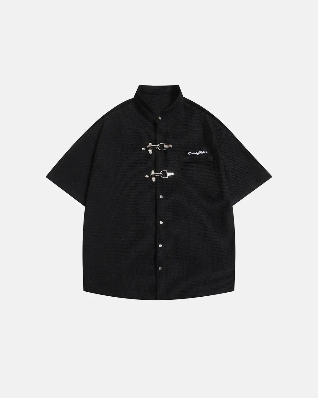 Red Flation Waffle Shirt with metal clasp detail, casual streetwear style, featuring textured fabric and modern design.