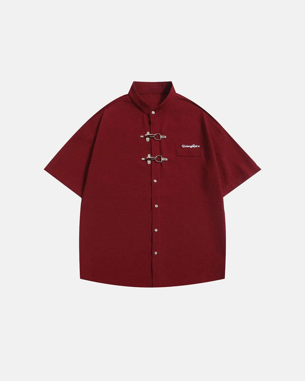 Red Flation streetwear waffle shirt with metal clasp detail, casual long-sleeve shirt for stylish everyday wear.