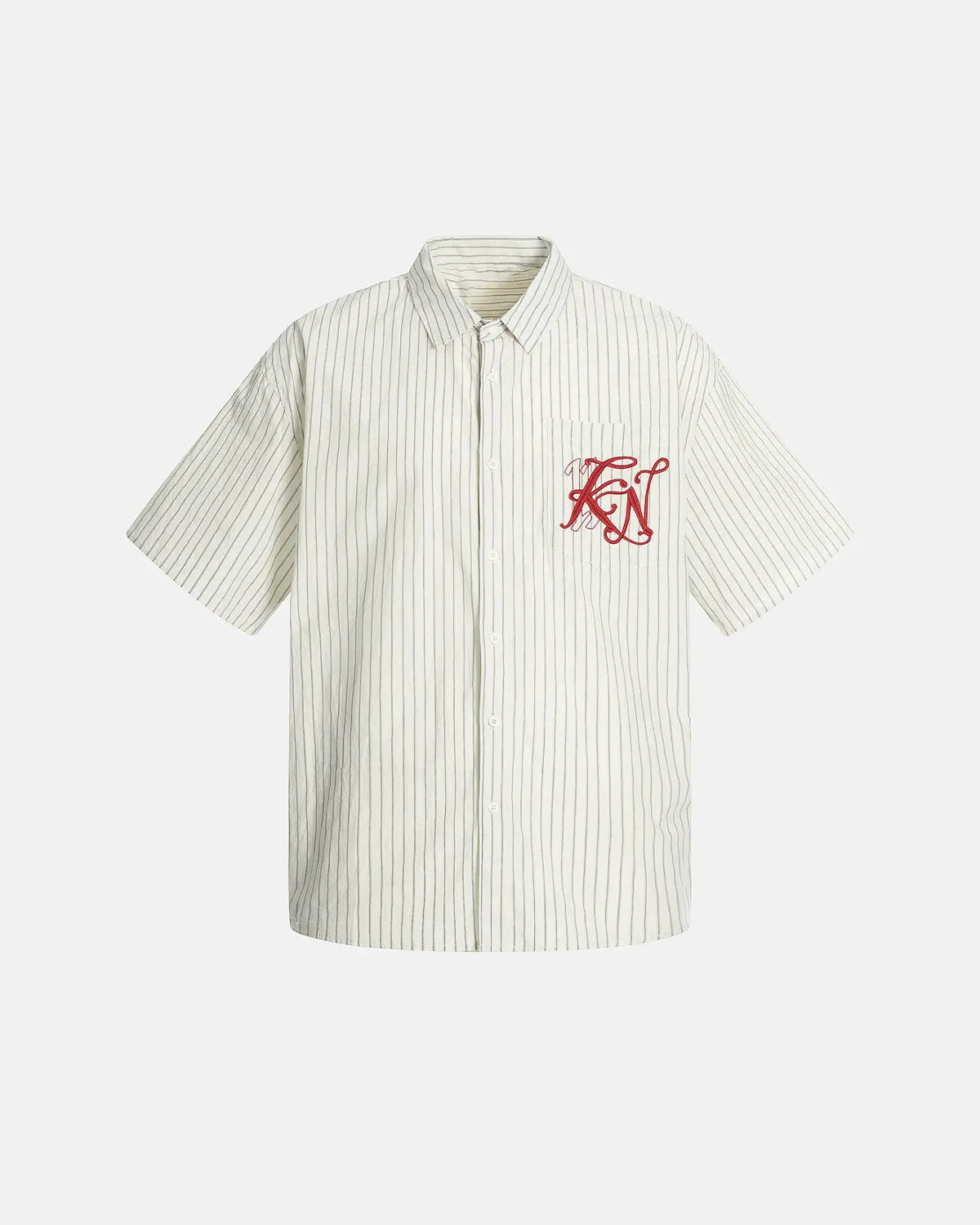 Striped embroidered short-sleeve shirt by Flation, featuring colorful embroidery and casual streetwear style.
