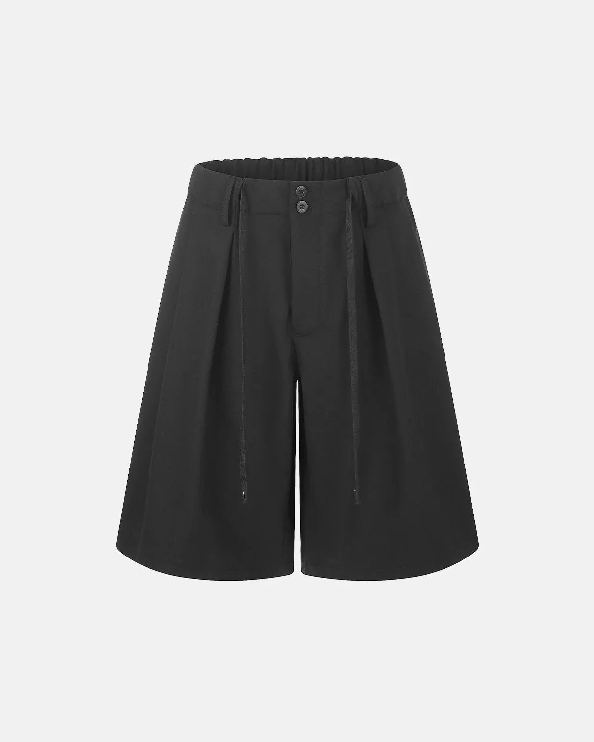 Black Flation Drawstring Wide-Leg Tailored Shorts, stylish streetwear shorts with a relaxed fit and adjustable waistband.