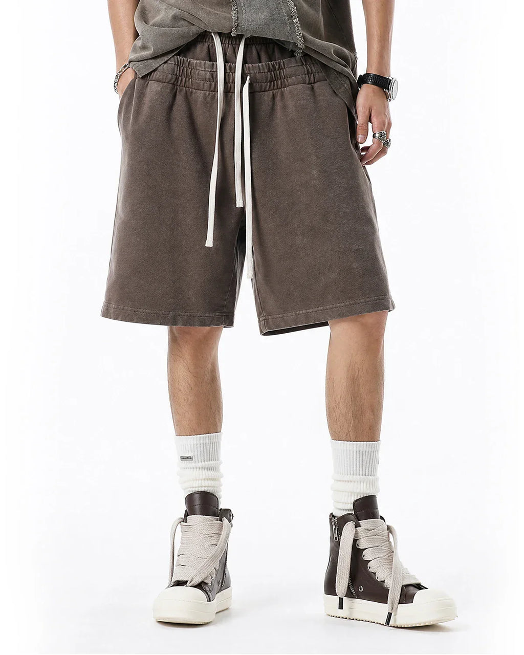 Brown double waist acid wash sweat shorts by Flation, casual streetwear shorts with relaxed fit and stylish distressed look.