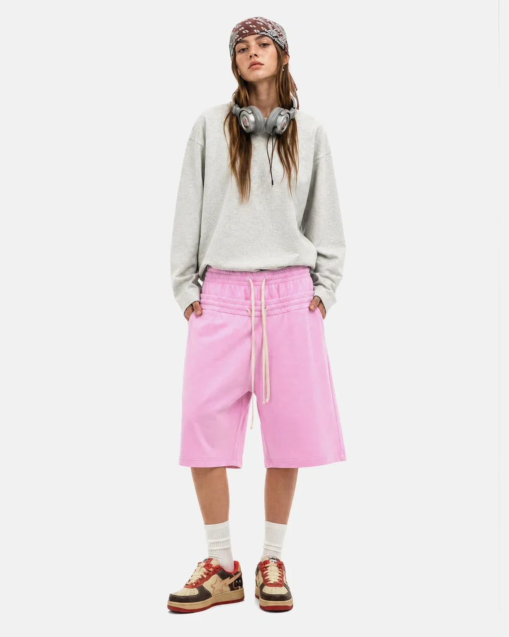 Brown Flation Streetwear double waist acid wash sweat shorts with relaxed fit and casual style.