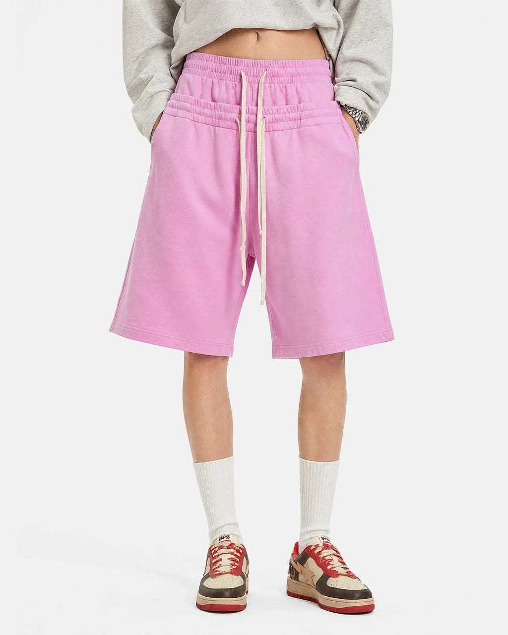 Brown double waist acid wash sweat shorts by Flation Streetwear, featuring a relaxed fit and casual streetwear style.