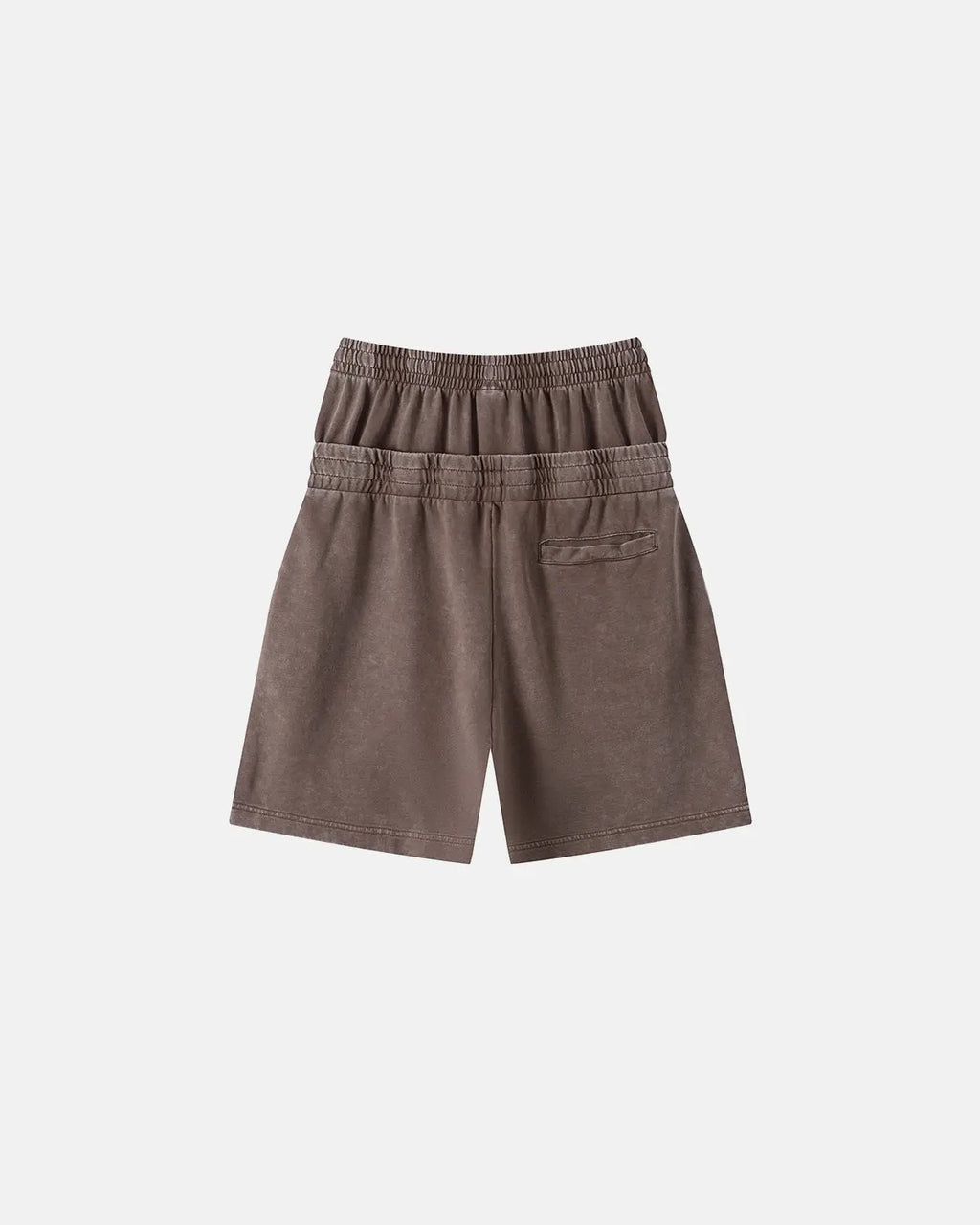 Brown double waist acid wash sweat shorts by Flation Streetwear, featuring a relaxed fit and casual style.