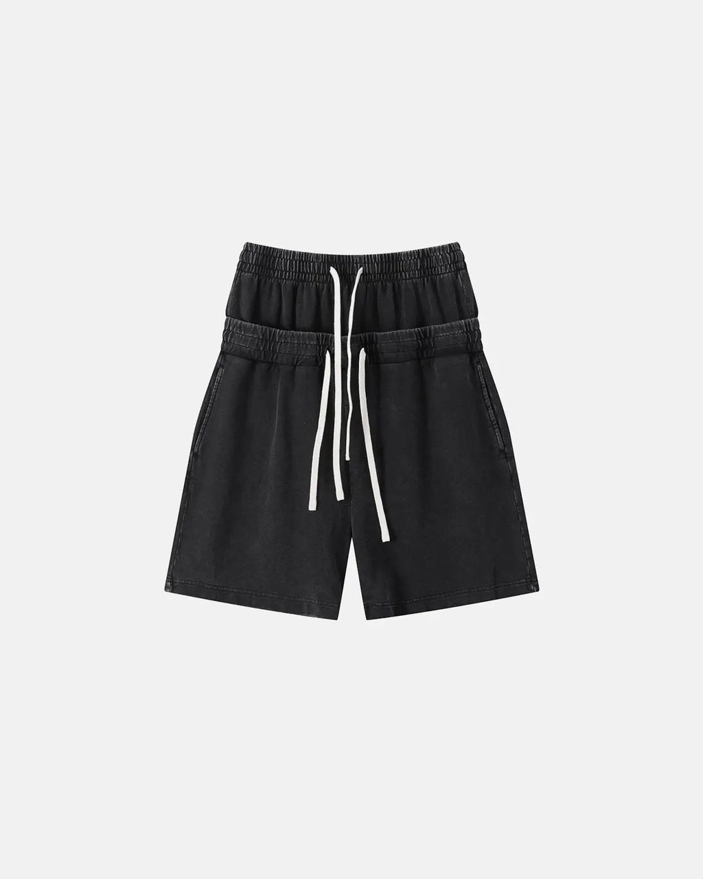 Brown Flation Streetwear double waist acid wash sweat shorts with relaxed fit and casual style.