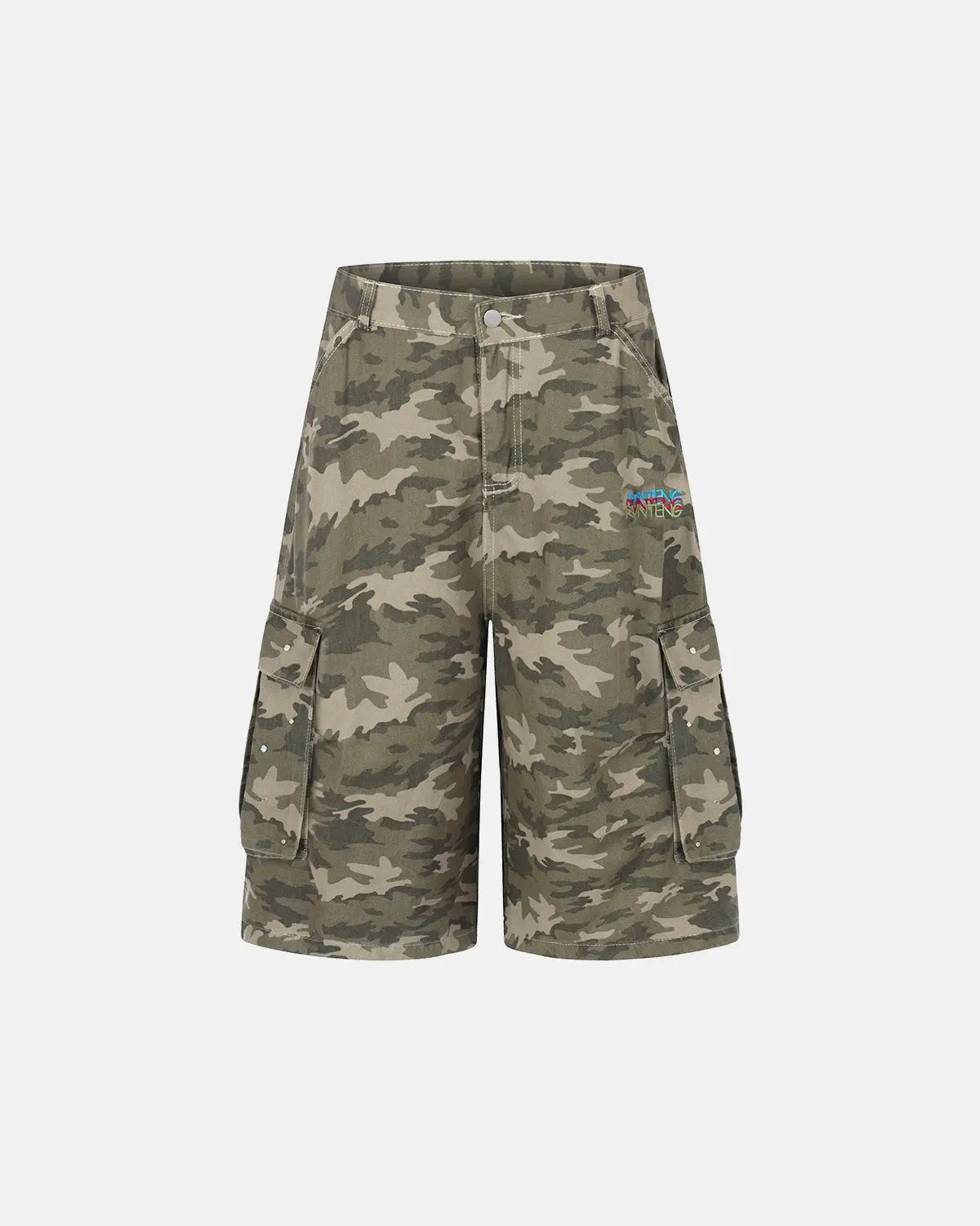 Embroidered camo cargo longline shorts by Flation Streetwear, featuring detailed embroidery and a relaxed fit in camouflage print.