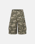 Embroidered camo cargo longline shorts by Flation Streetwear featuring military-inspired camouflage pattern and functional pockets.