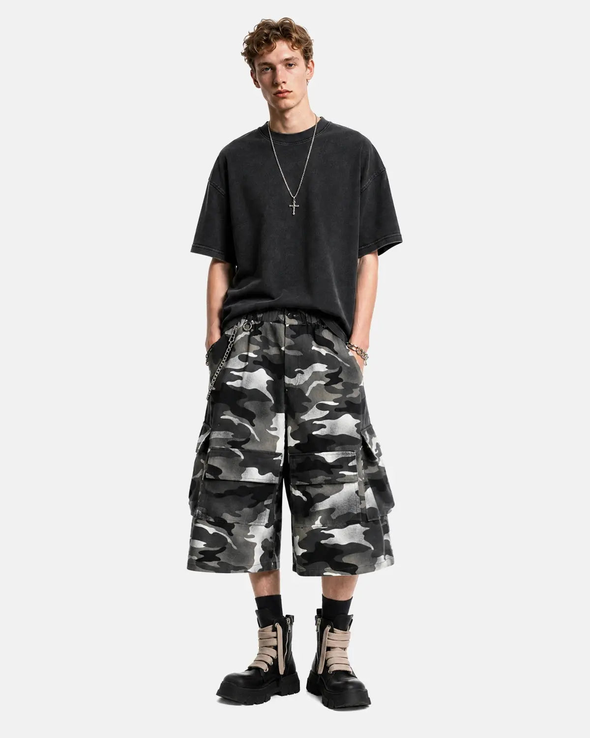 Grey camo Flation utility longline shorts, men's streetwear shorts with a relaxed fit and cargo pockets, casual urban style.