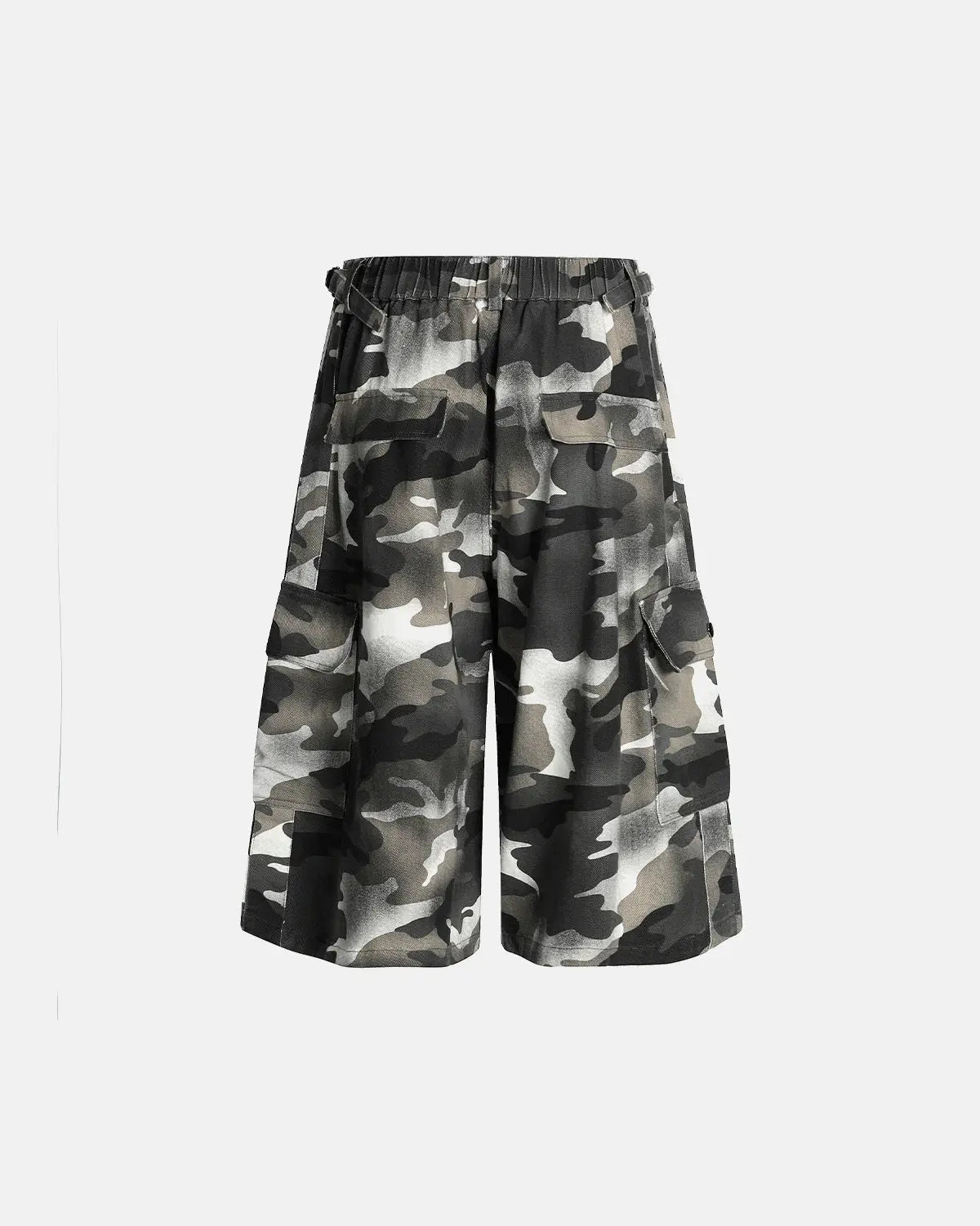 Grey camo utility longline shorts by Flation Streetwear, featuring a relaxed fit and functional pockets.