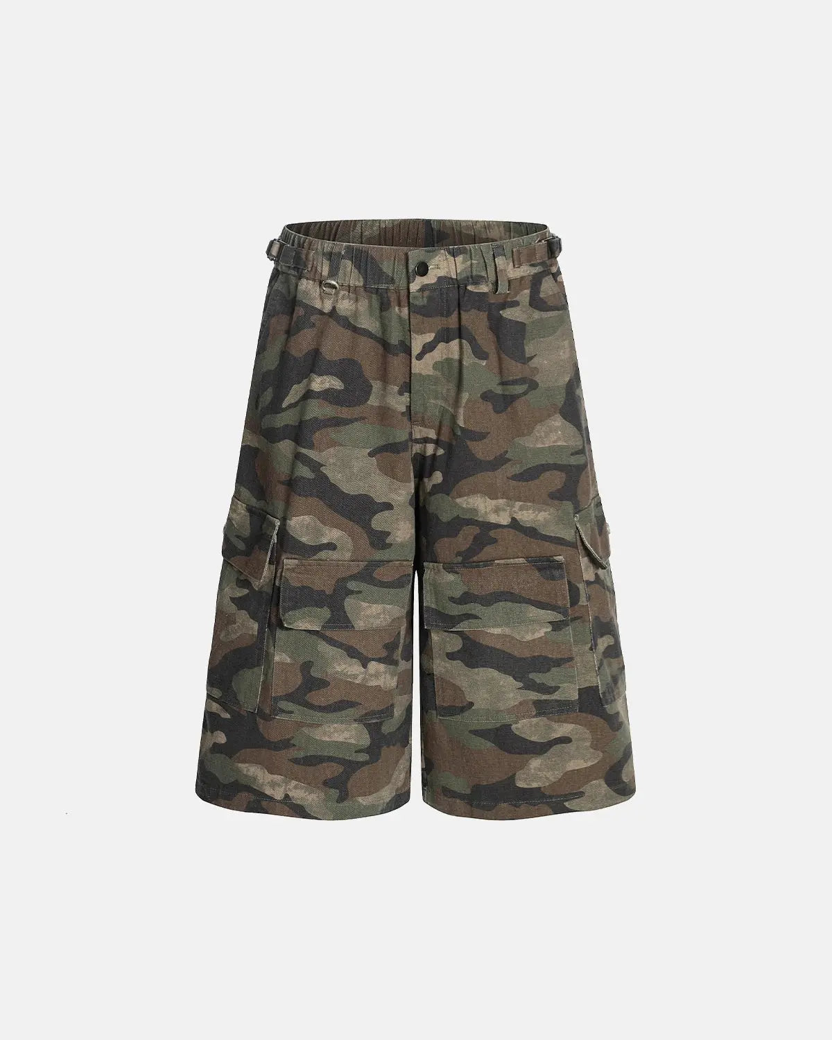 Grey camo utility longline shorts by Flation Streetwear, featuring a relaxed fit and functional design for casual wear.