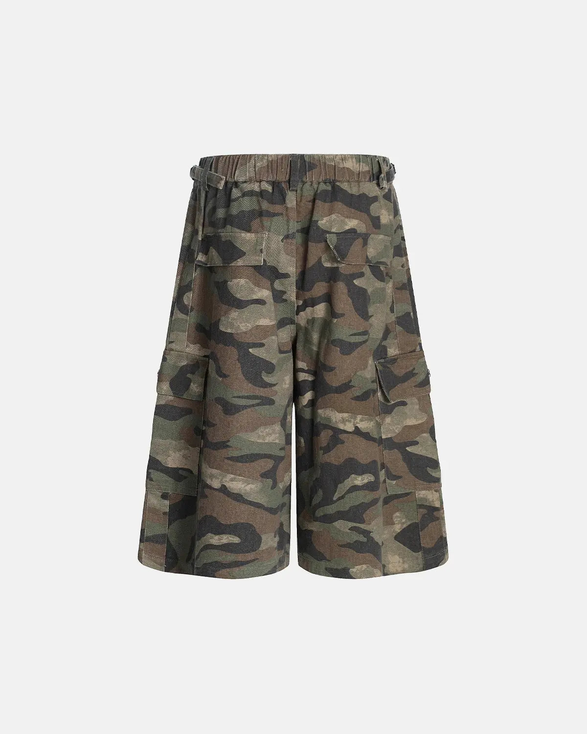 Grey camo utility longline shorts by Flation Streetwear, featuring a relaxed fit and functional pockets for casual style.