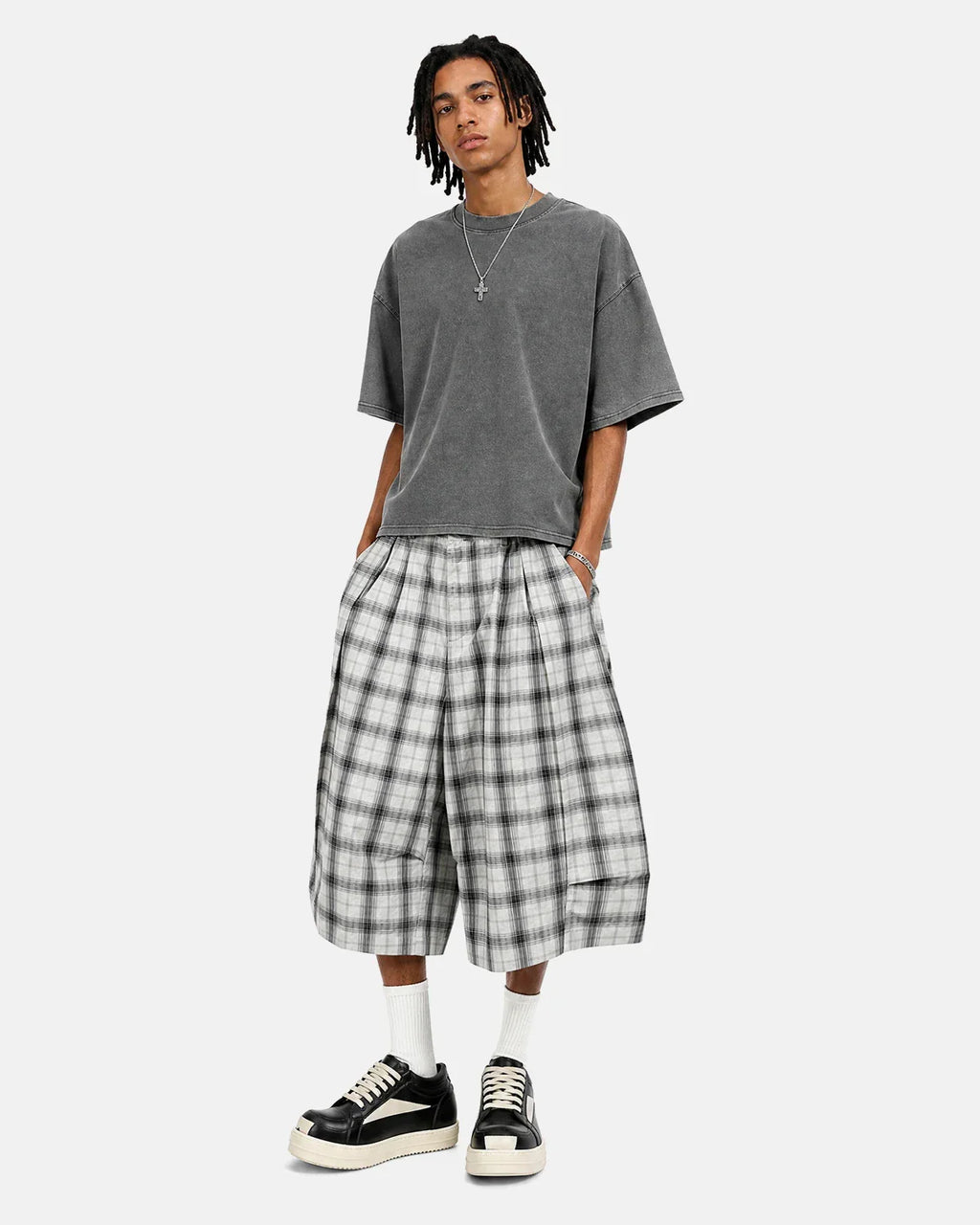 Plaid longline casual shorts by Flation Streetwear featuring a stylish plaid pattern and relaxed fit.