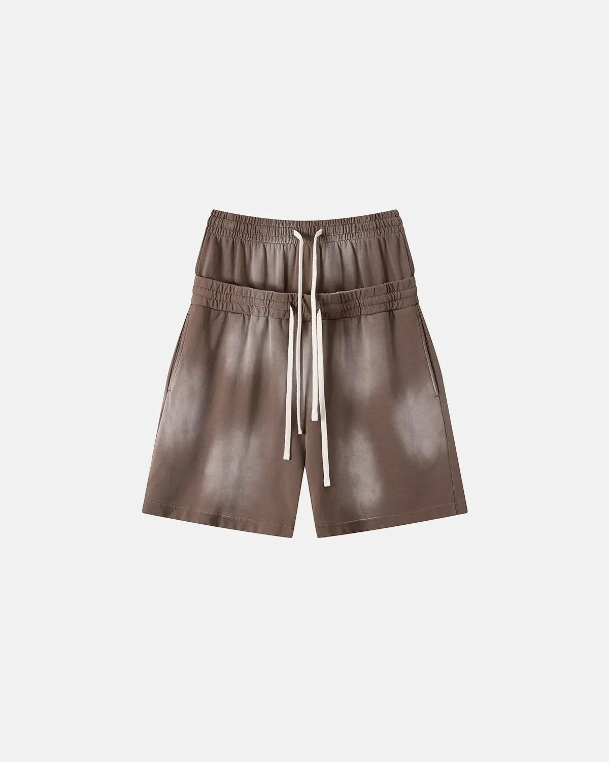 Retro brown Flation streetwear double waist monkey wash sweat shorts, casual and comfortable men's shorts with stylish design.