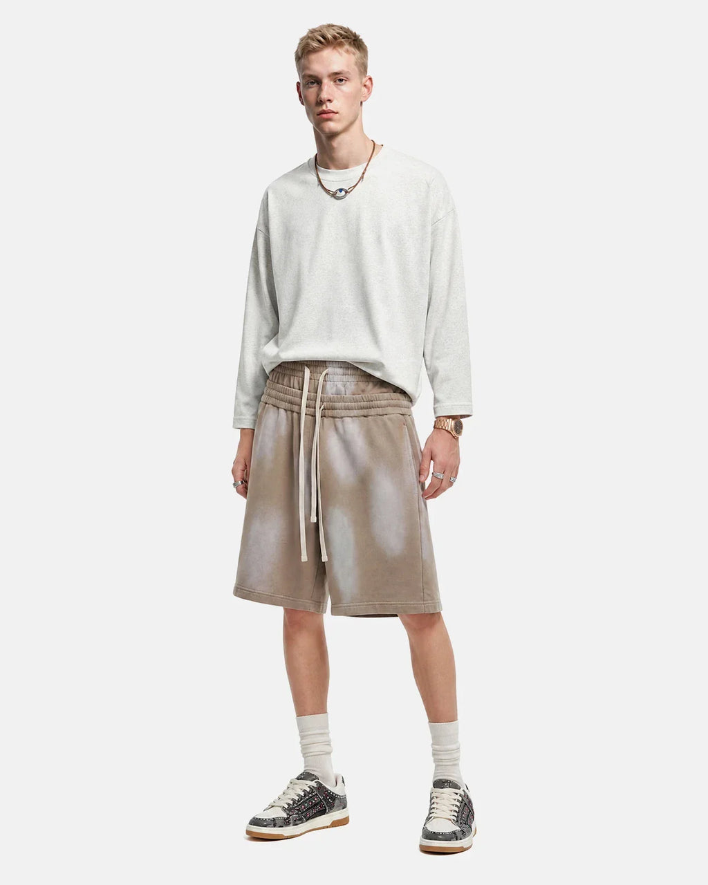 Brown Flation streetwear sweat shorts with double waist and monkey wash design, casual and comfortable for everyday wear.