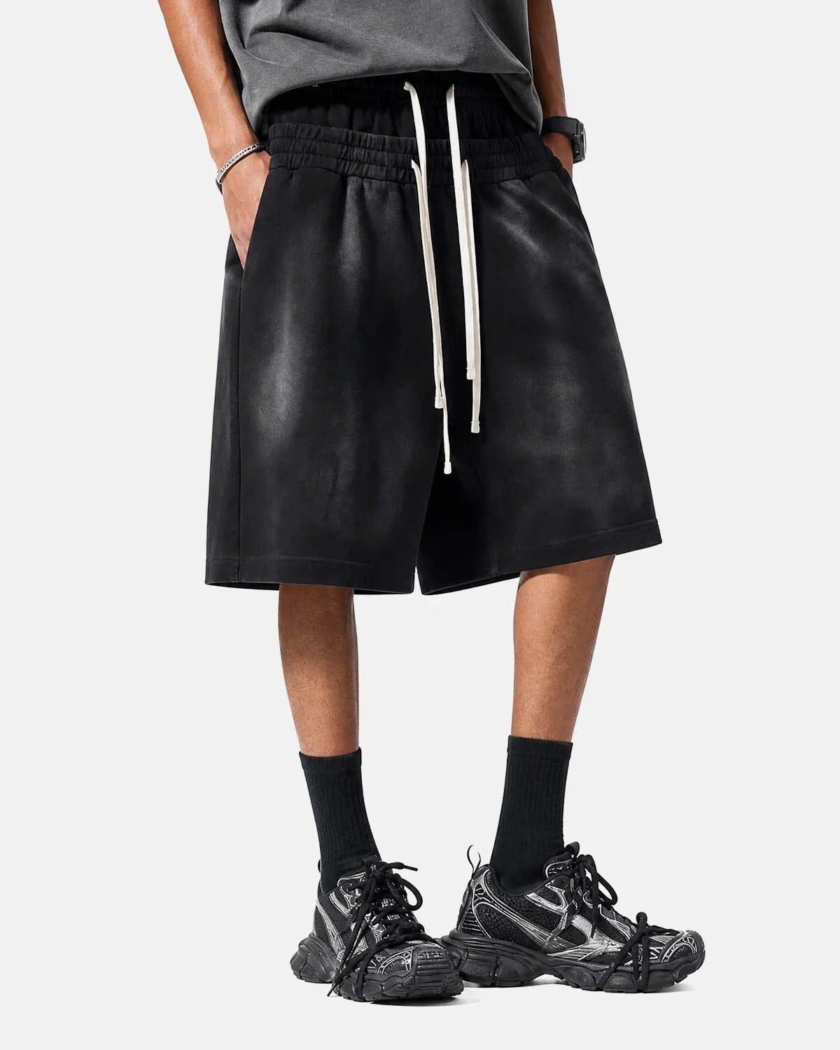 Retro brown double waist monkey wash sweat shorts by Flation Streetwear, featuring a relaxed fit and vintage-inspired style.