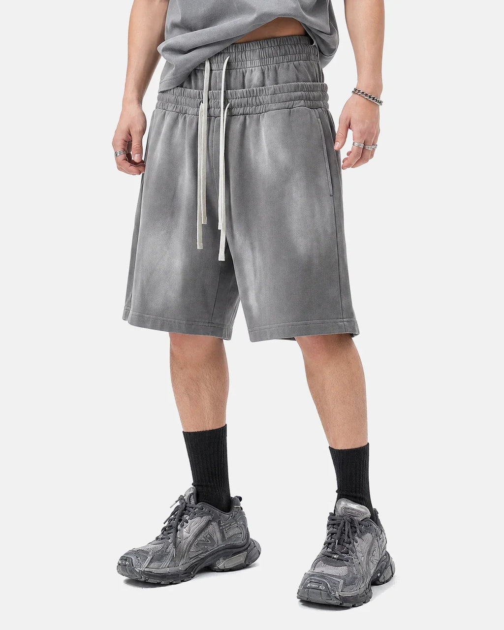 Brown Flation streetwear shorts with double waist and monkey wash design, casual sweat shorts for a retro-inspired look.