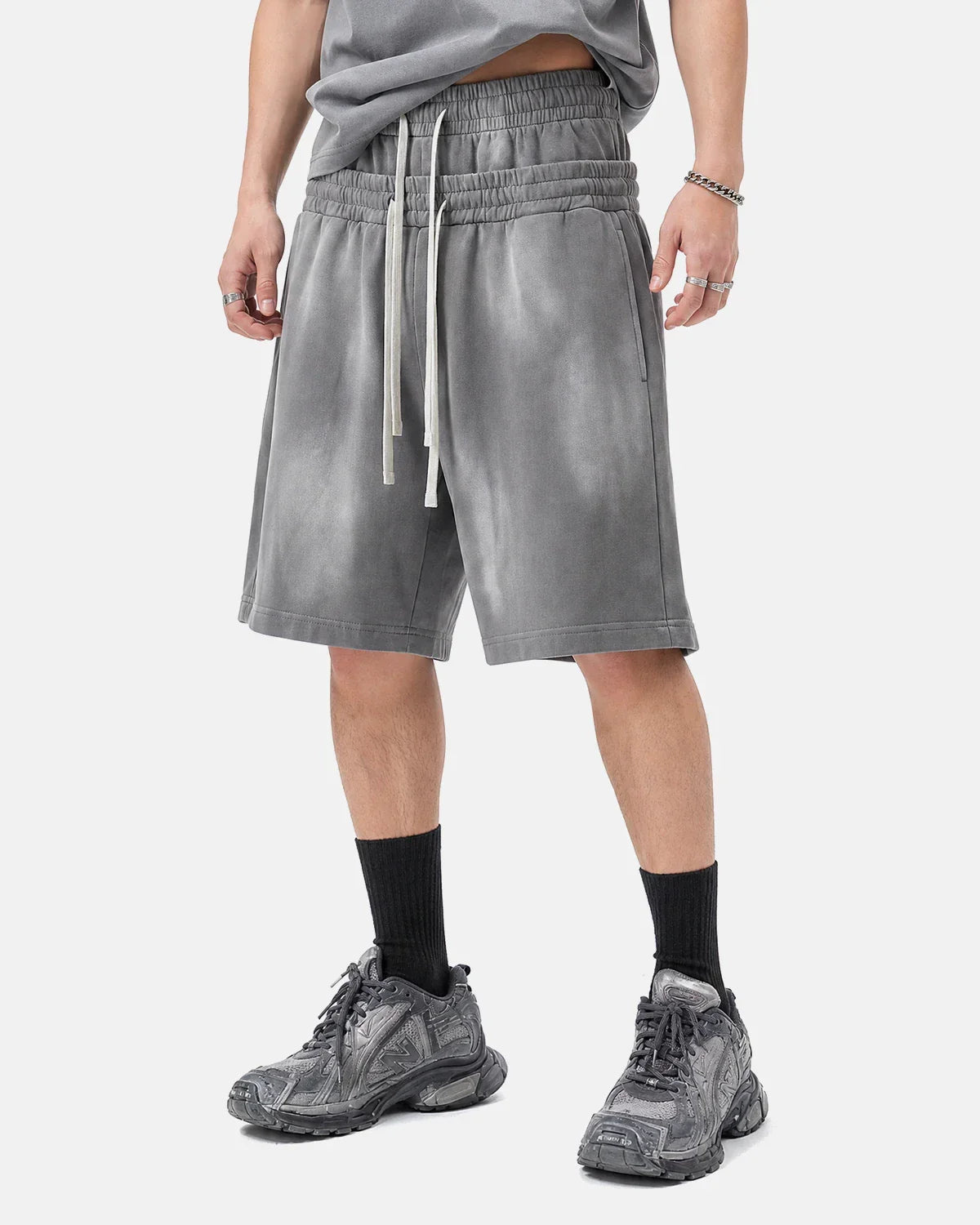 Brown Flation streetwear shorts with double waist and monkey wash design, casual sweat shorts for a retro-inspired look.