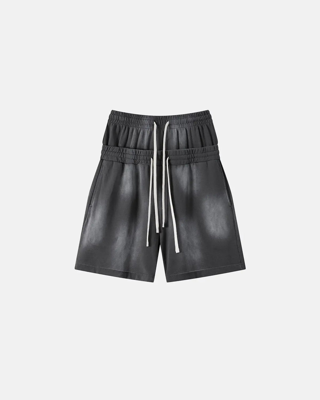 Retro brown Flation streetwear shorts with double waist and monkey wash design, made from comfortable sweat fabric.