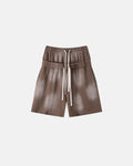 Brown double waist monkey wash sweat shorts by Flation Streetwear, featuring a relaxed fit and casual streetwear style.